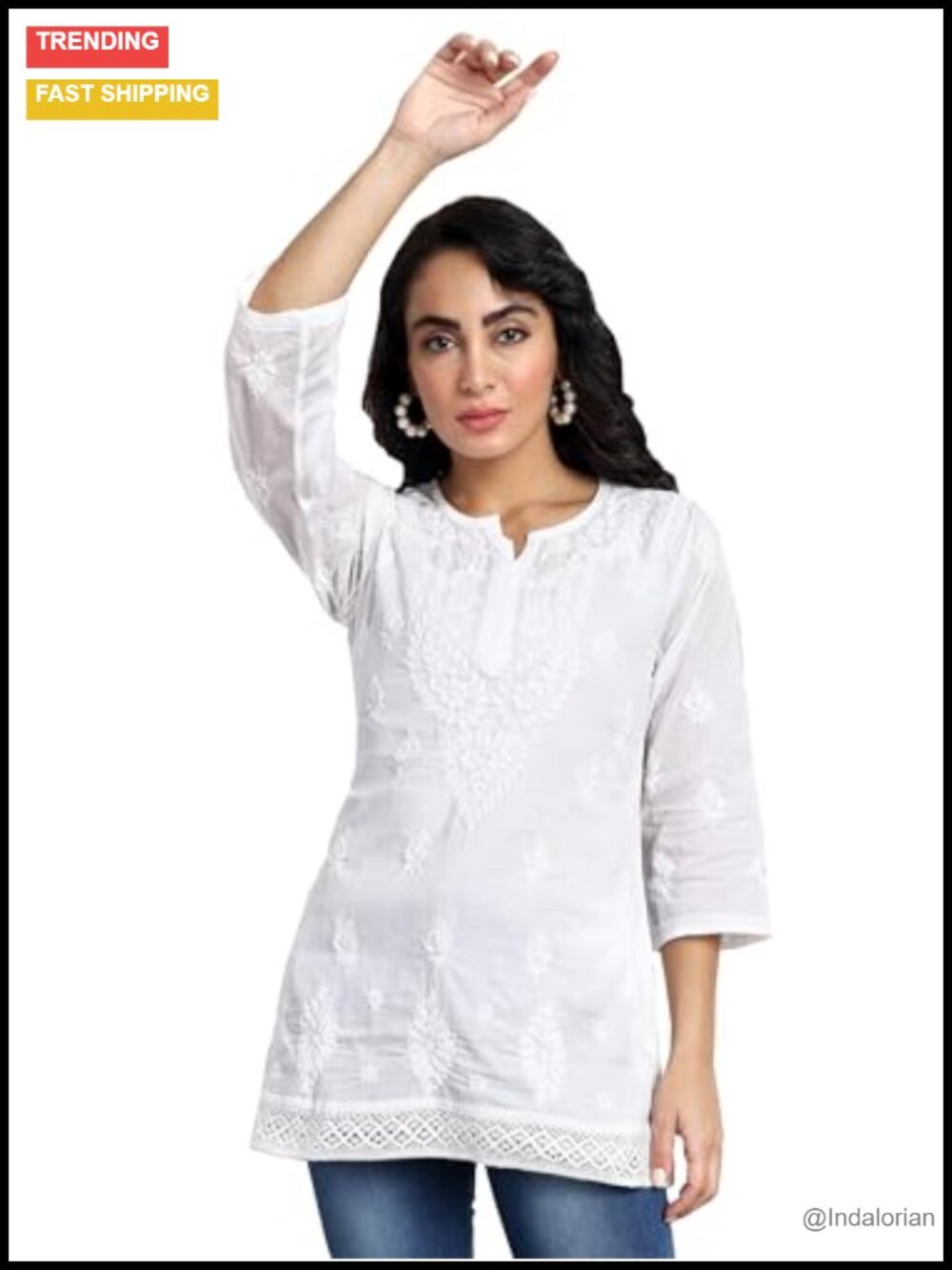 Women's Hand Embroidered Cotton Chikankari Short Kurta Tunic Top 3/4 Sleeve